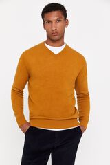 Cortefiel Camisola l&atilde; lambswool gola em bico Dourado