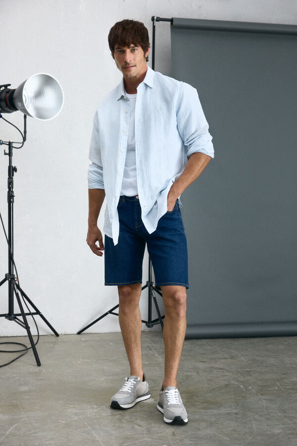 OOTO Camisa algod&atilde;o linho de raias  manga comprida Azul