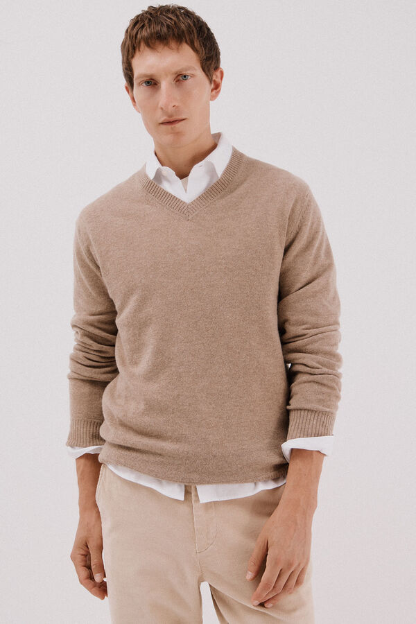 Cortefiel Jersey lana lambswool cuello pico Camel