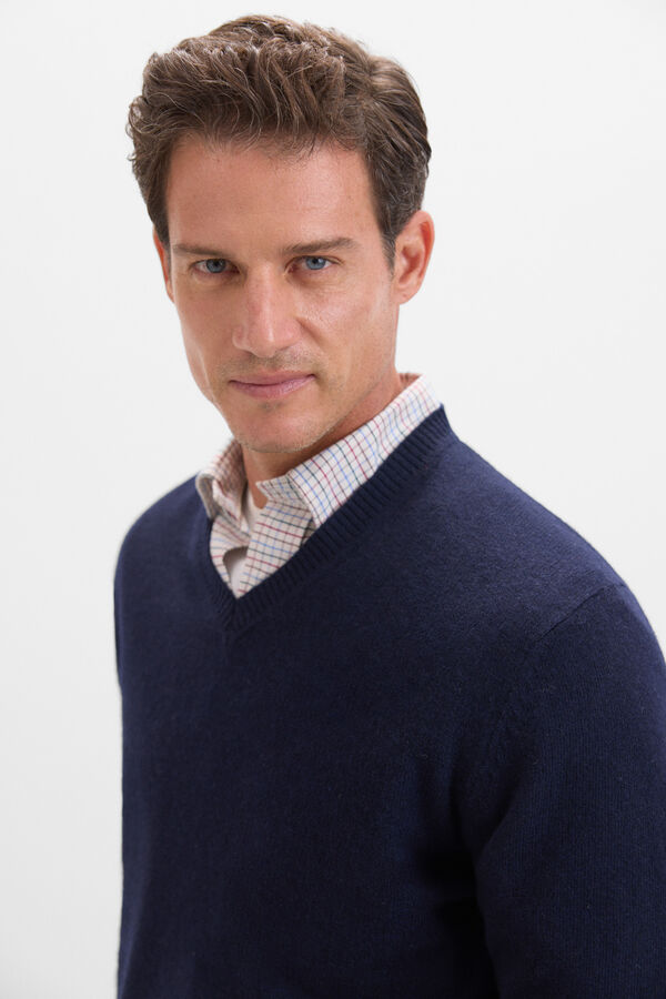 Cortefiel Jersey lana lambswool cuello pico Azul marino