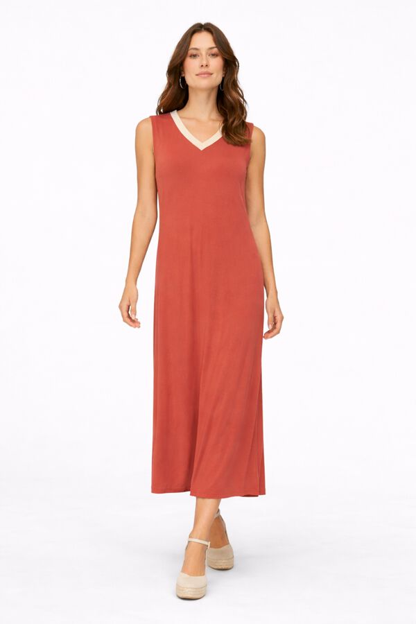 Vila Vestido midi sem mangas em viscose e linho Vermelho