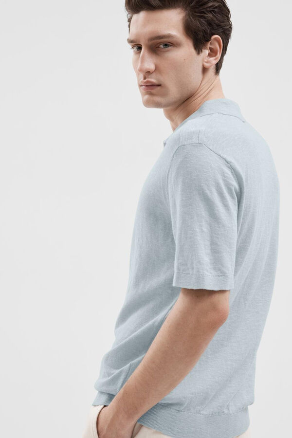 Selected Polo de manga curta confecionado com linho e algod&atilde;o.  Azul