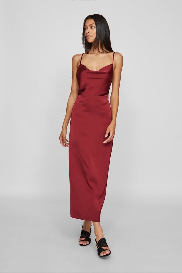 Vila Vestido largo satinado escote drapeado Vino