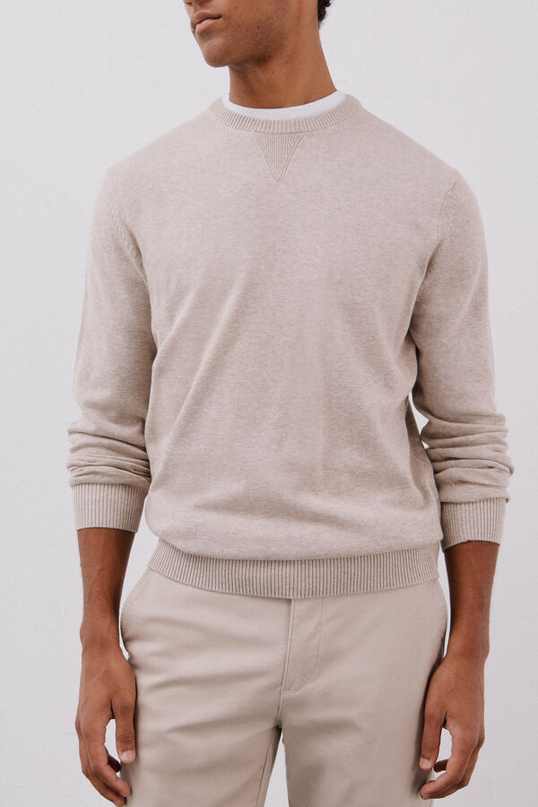 Cortefiel Jersey punto fino algod&oacute;n cuello redondo Beige