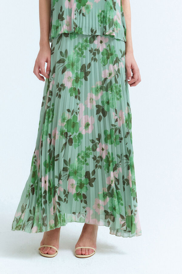 Vila Falda midi plisada estampada Kaki