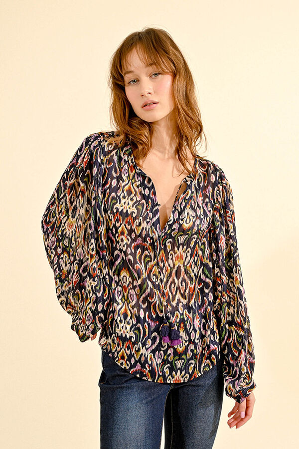 Molly Bracken Blusa de mujer de manga larga con estampado y lazada Multicolor