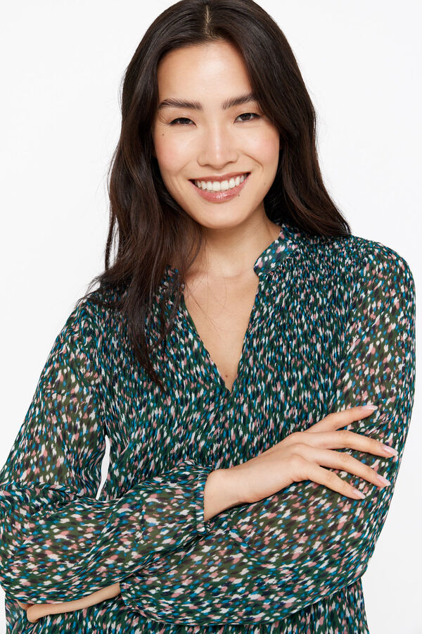 Cortefiel Blusa plisada cuello redondo Estampado verde