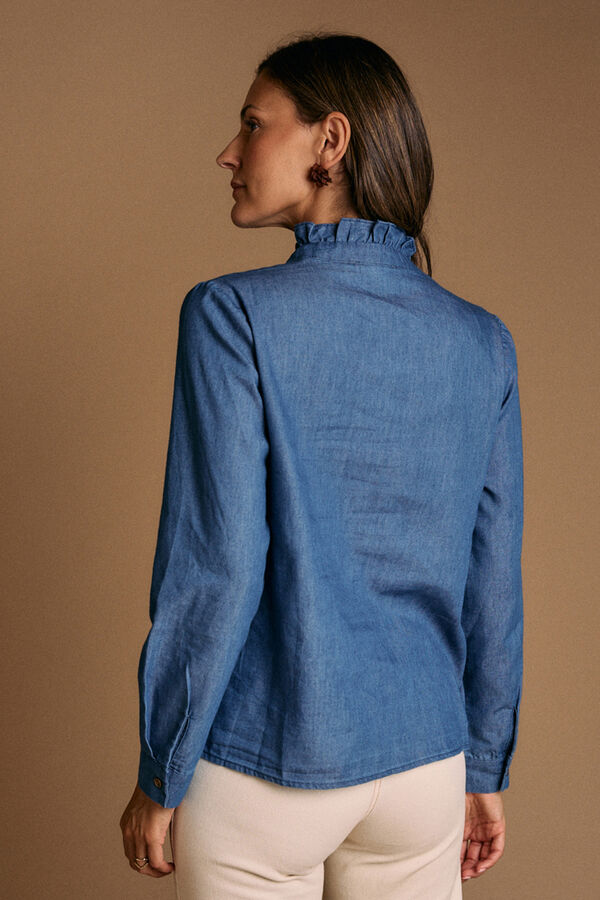 Pol&iacute;n Et Moi Camisa denim com babados Javiera Azul