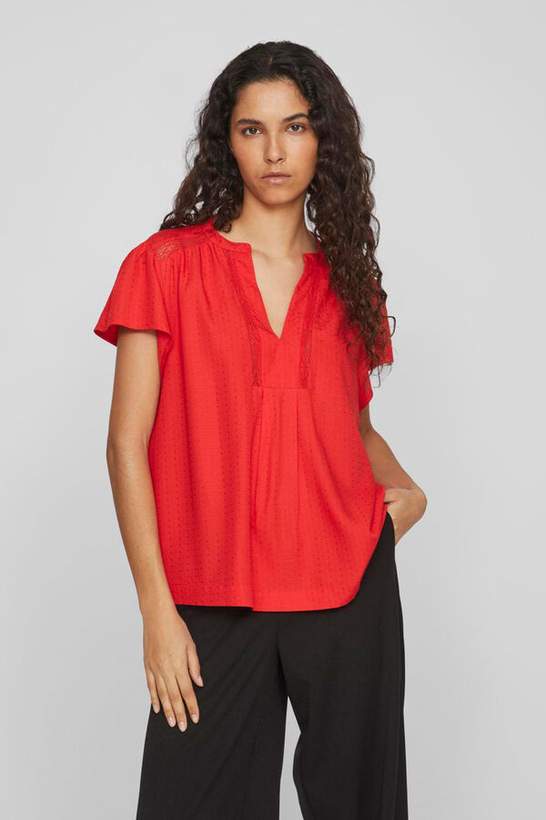 Vila Blusa de manga curta com decote em bico Vermelho