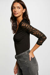 Morgan Camiseta manga 3/4 con encaje Negro