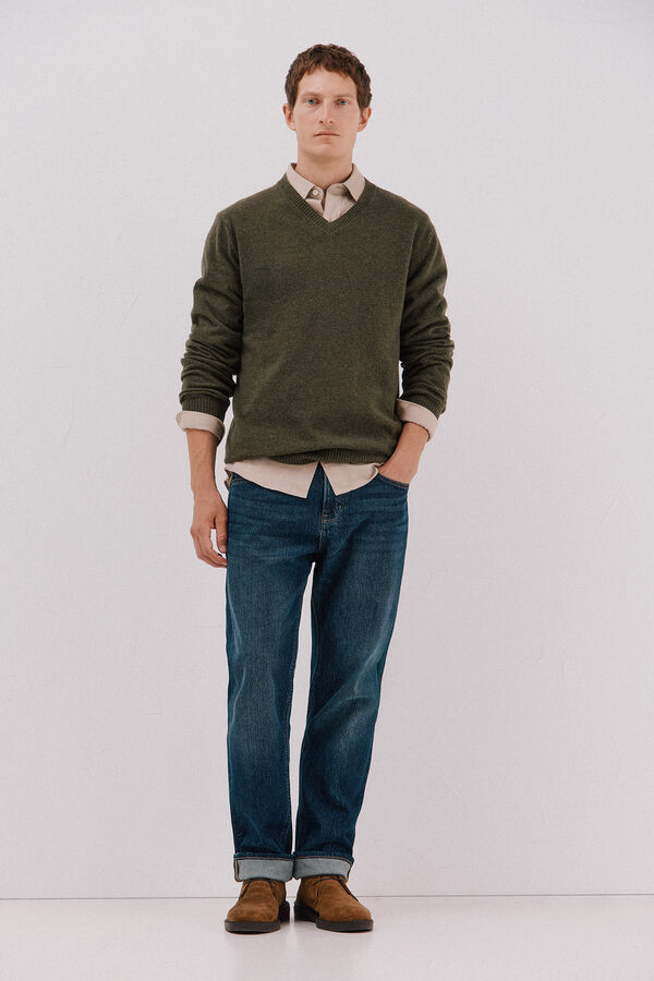 Cortefiel Jersey lana lambswool cuello pico Verde