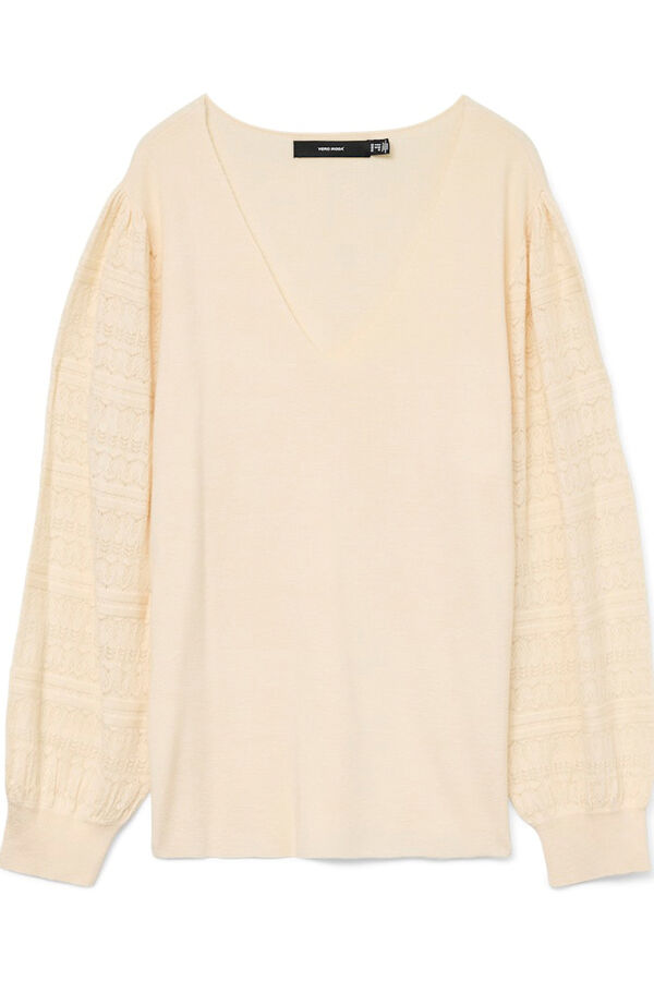 Vero Moda Curve Jersey punto manga encaje talla grande Beige
