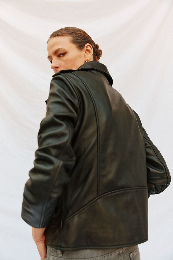 Cortefiel Jaqueta de pele com fecho-éclair Preto