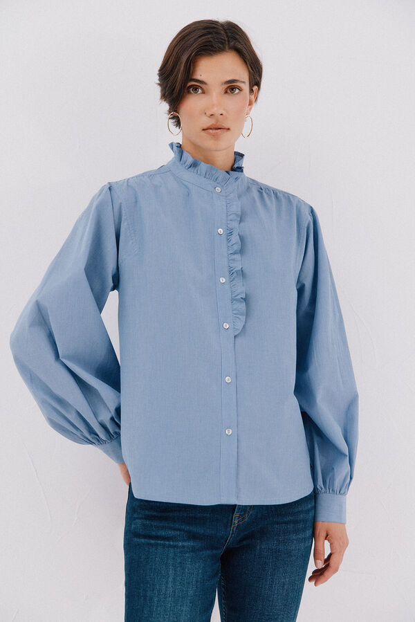 Cortefiel Blusa rayas cuello volantes Azul