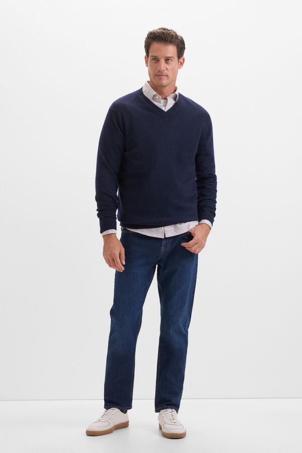 Cortefiel Jersey lana lambswool cuello pico Azul marino