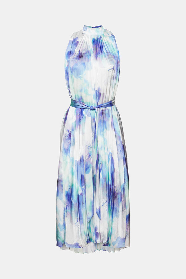 Esprit Vestido midi plisado estampado sin mangas Estampado azul