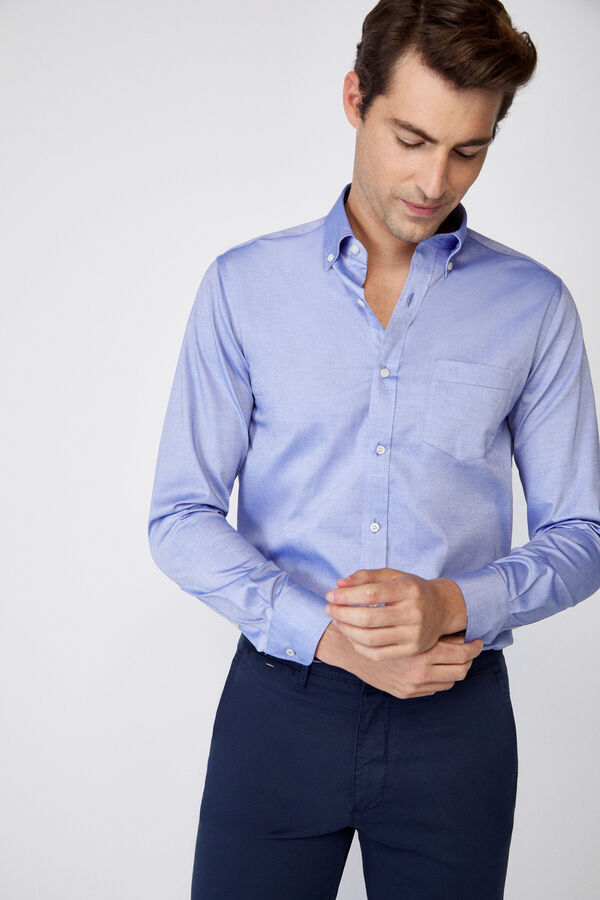 Cortefiel Camisa lisa fácil de engomar de algodão extra suave Azul