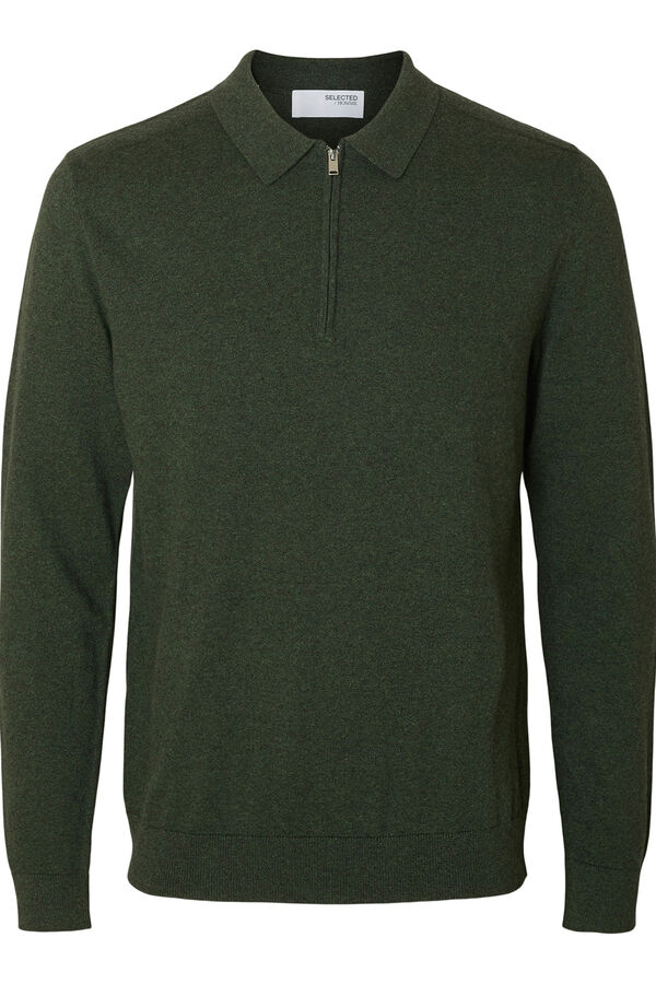 Selected Jersey polo media cremallera 100% algod&oacute;n. Verde oscuro