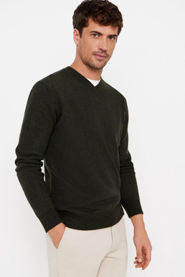 Cortefiel Camisola l&atilde; lambswool gola em bico Verde