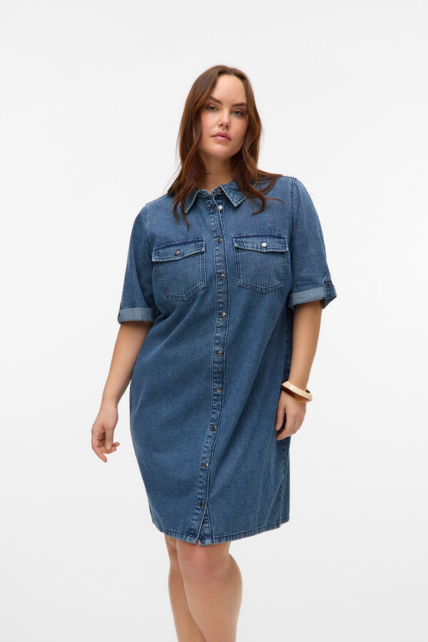 Vero Moda Curve Vestido midi de manga corta denim talla grande Azul