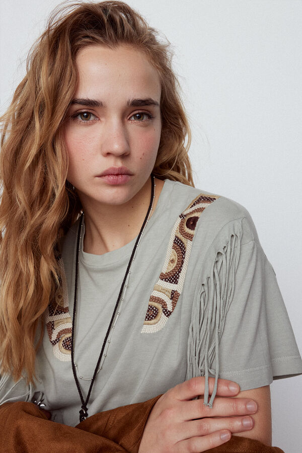 Slowlove Camiseta flecos y bordado Azul