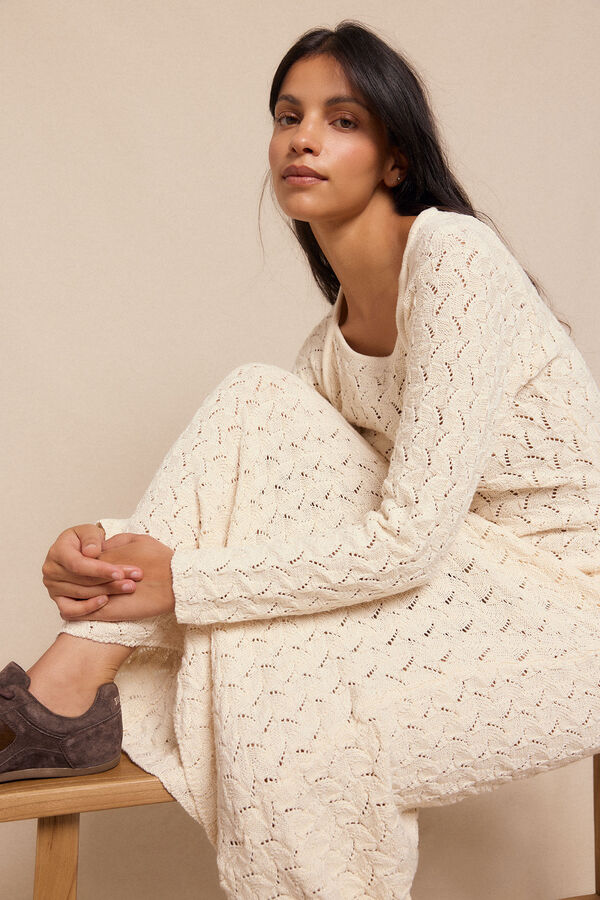 Slowlove Vestido punto calado multicolor Marfil