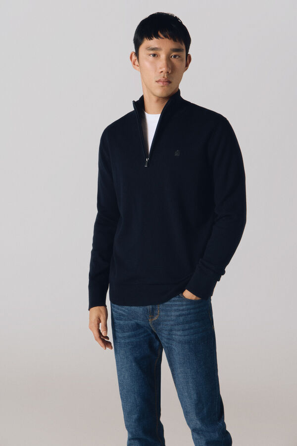 Cortefiel Camisola de malha de algod&atilde;o com gola com fecho-&eacute;clair Azul