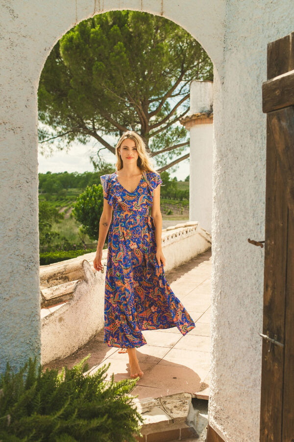 Jaase Vestido midi escote en V Estampado azul