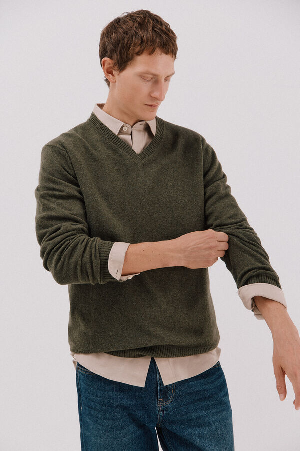 Cortefiel Jersey lana lambswool cuello pico Verde