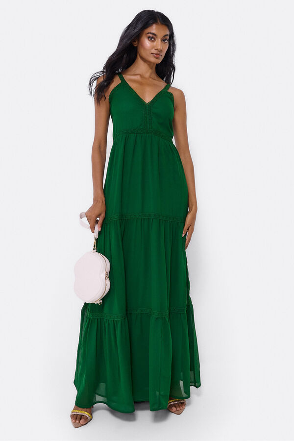 Cupl&eacute; Vestido comprido de al&ccedil;as, com renda e algod&atilde;o Verde