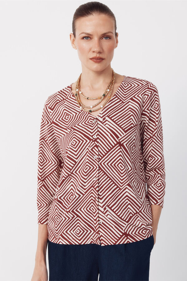 Cortefiel Blusa com decote em v e bot&otilde;es. Multicolorido