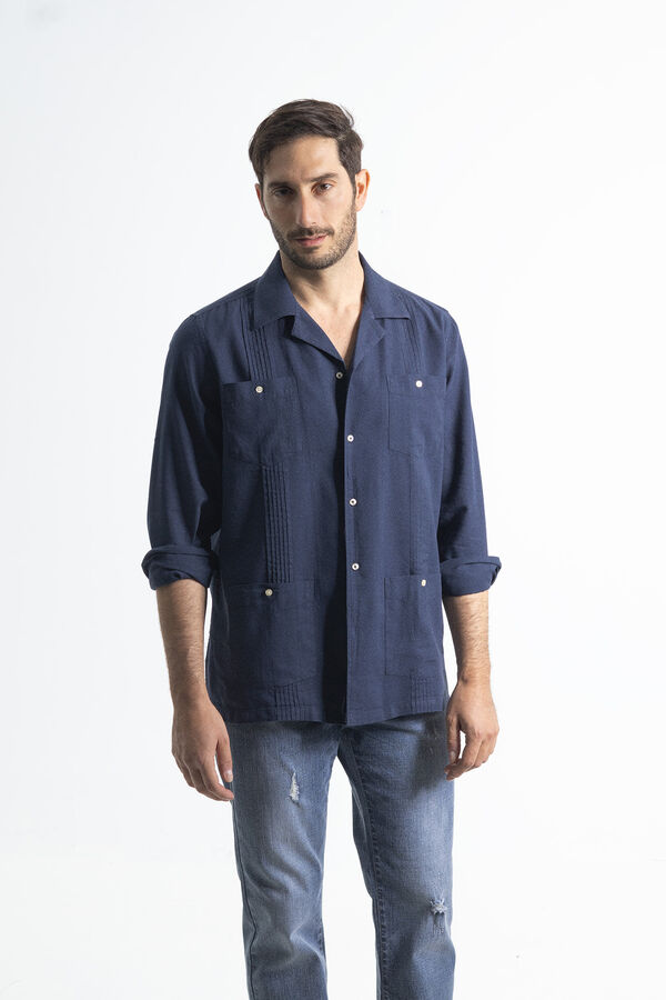 PuroEGO Camisa guayabera lino rafia Azul marino