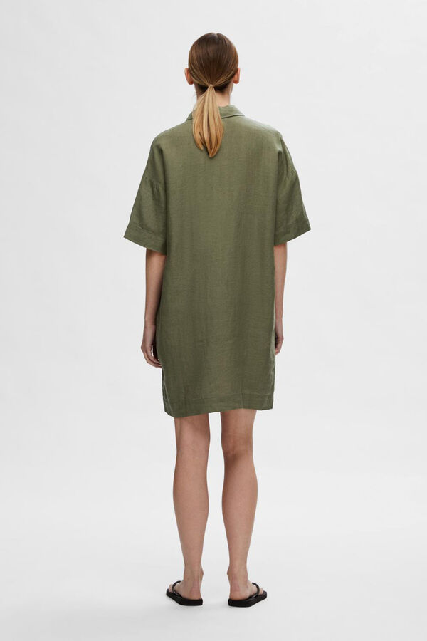 Selected Femme Vestido camiseiro curto de linho com la&ccedil;o ajust&aacute;vel na cintura.  Verde