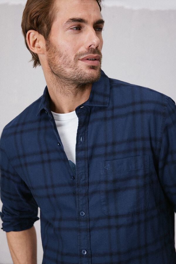 OOTO Camisa xadrez manga comprida lavada Azul