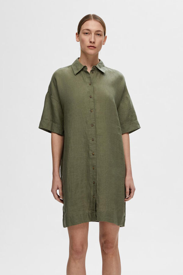 Selected Femme Vestido camiseiro curto de linho com la&ccedil;o ajust&aacute;vel na cintura.  Verde