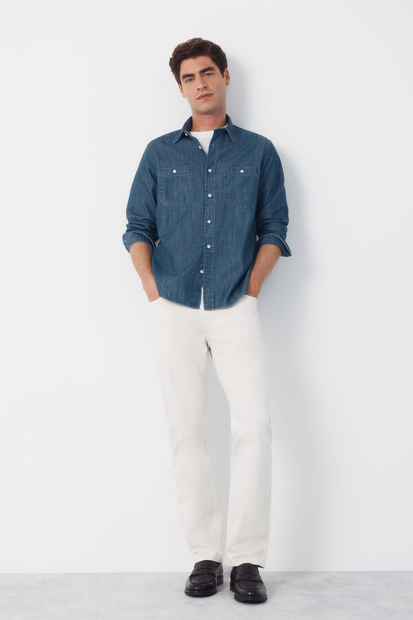 Cortefiel Camisa em denim chambray manga comprida Azul