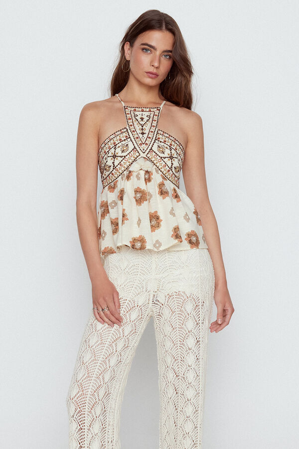 Slowlove Top halter bordado Estampado blanco