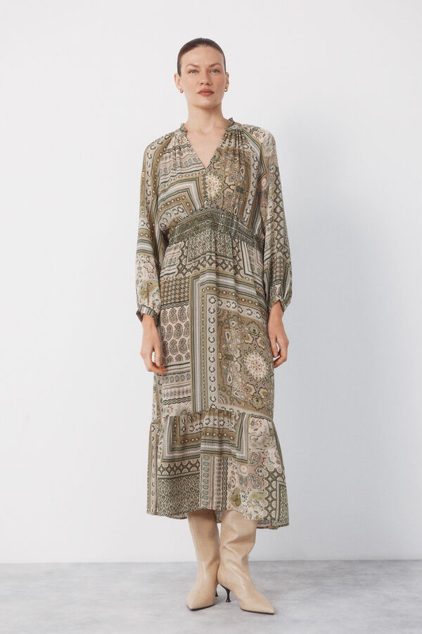Cortefiel Vestido estampado fluido Kaki