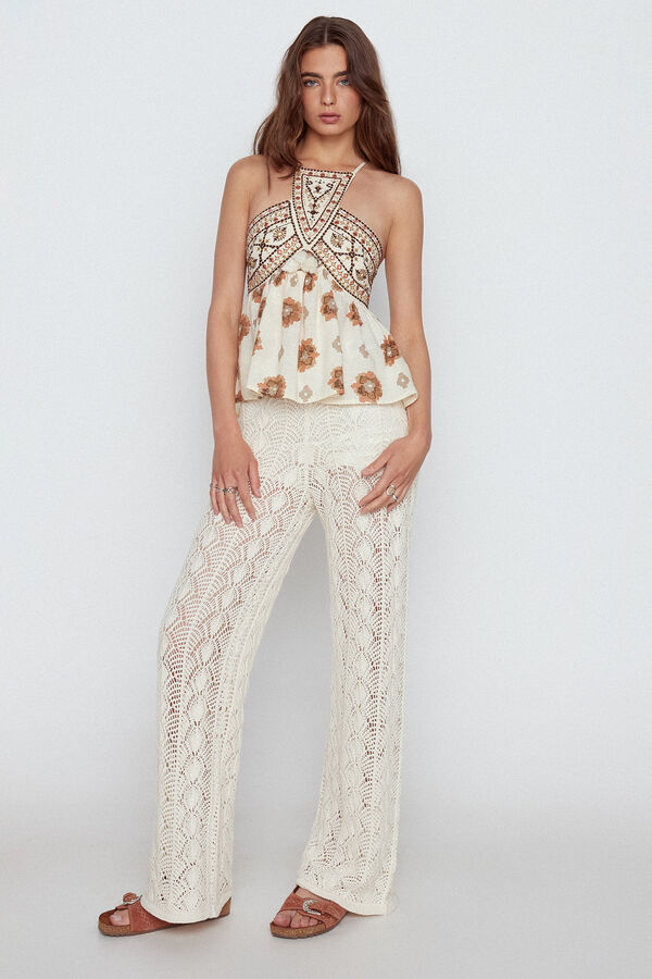 Slowlove Top halter bordado Estampado blanco