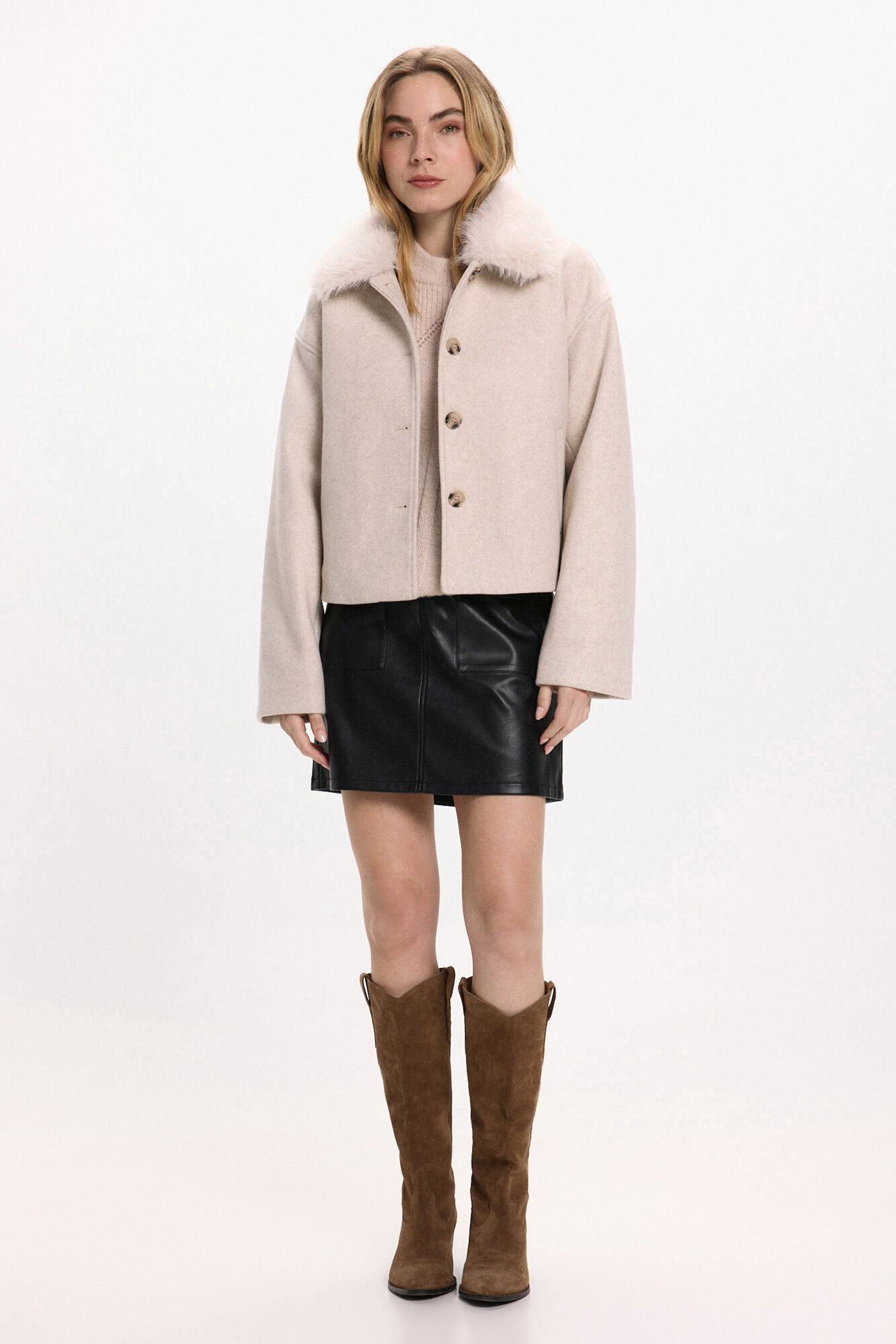 Vila Abrigo de pa&ntilde;o con cuello de pelo sint&eacute;tico