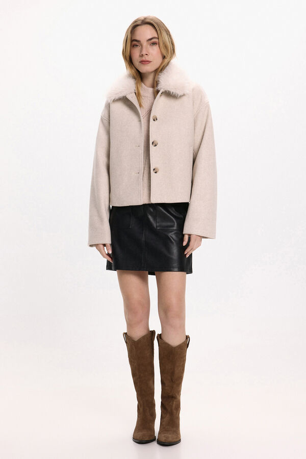 Vila Abrigo de pa&ntilde;o con cuello de pelo sint&eacute;tico Beige