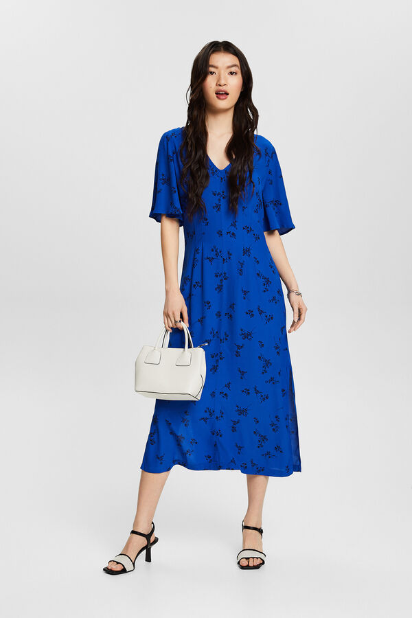 Esprit Vestido midi de viscose com estampado floral Azul