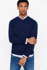 Cortefiel Jersey algod&oacute;n cuello pico b&aacute;sico Azul marino