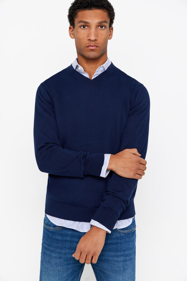 Cortefiel Jersey algod&oacute;n cuello pico b&aacute;sico Azul marino