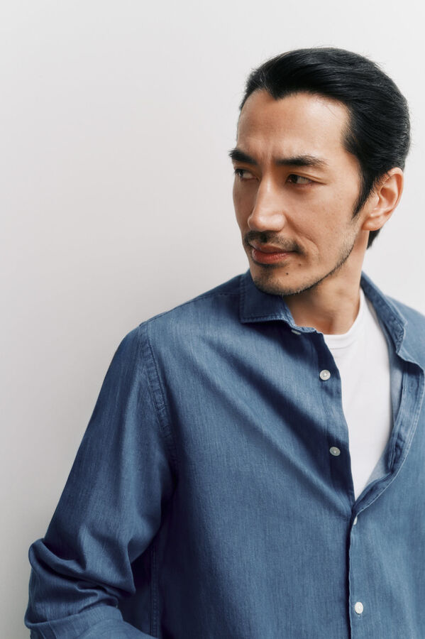 OOTO Camisa de ganga de manga comprida  Azul