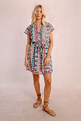 Molly Bracken Vestido de manga curta com folhos, la&ccedil;ada e estampado Multicolorido