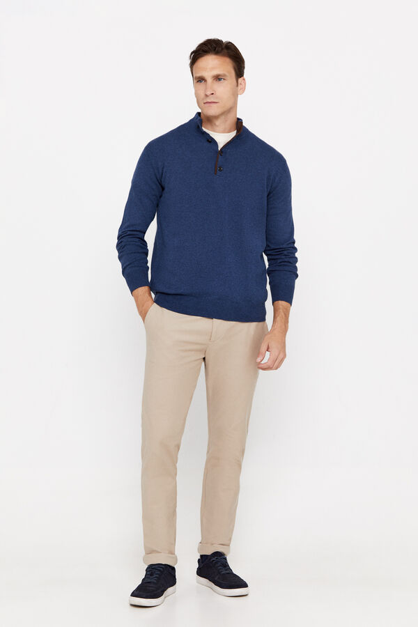 Cortefiel Camisola algod&atilde;o caxemira gola alta bot&otilde;es Azul