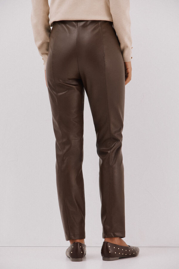 Cortefiel Leggings femininas de polipele sint&eacute;tico el&aacute;stico Castanho