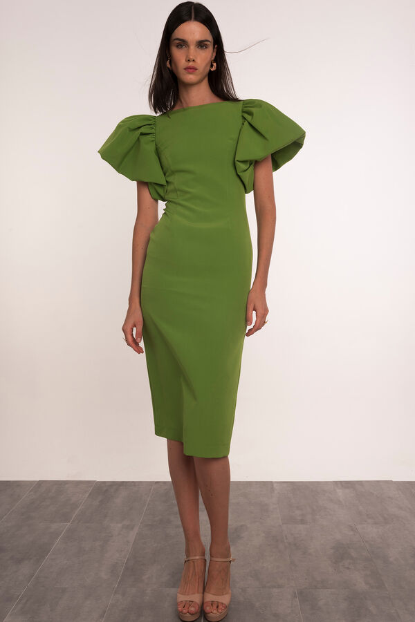 Dolores Promesas Vestido midi direito manga bal&atilde;o Verde
