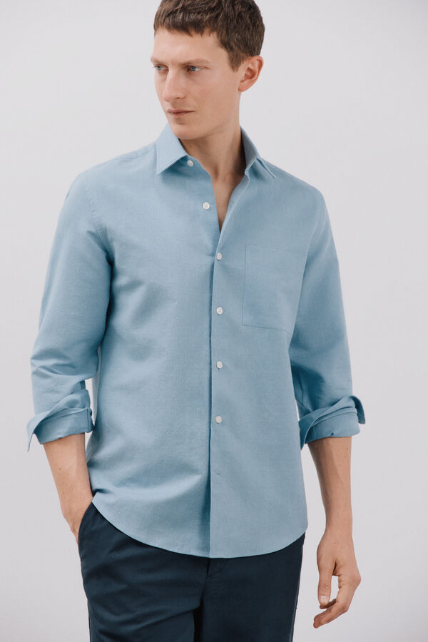 Cortefiel Camisa linho algod&atilde;o liso Azul